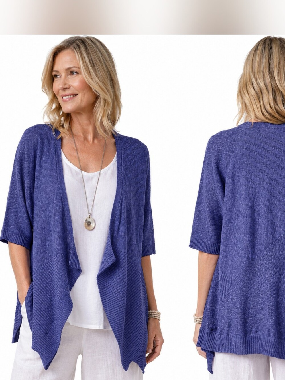 Eileen Fisher Womens Open Front Tight Knit Linen Cotton Cardigan Size PL Purple